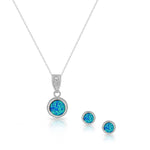 925 Sterling Silver Blue Turquoise-Tone Simulated Opal Round Stud Earrings Pendant Necklace Set