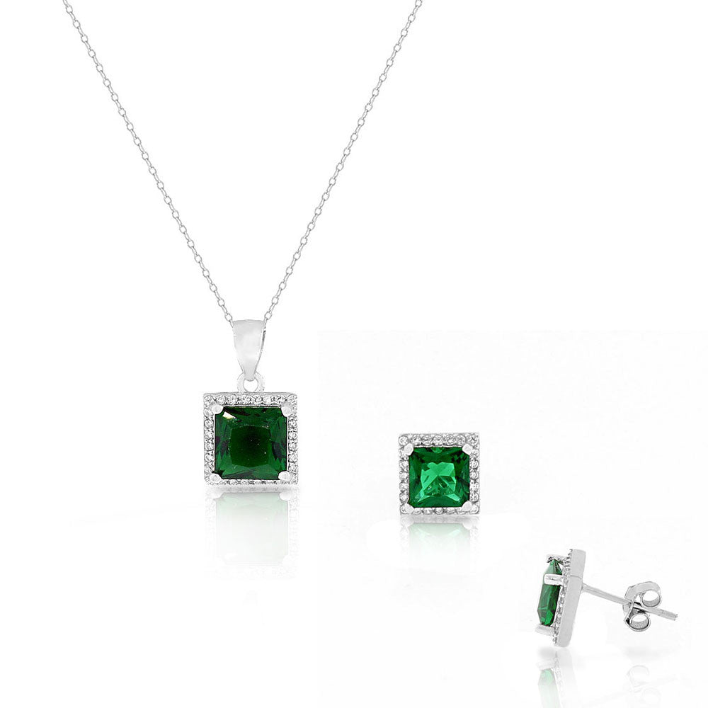 925 Sterling Silver Square White Green Emerald-Tone CZ Stud Earrings Pendant Necklace Set