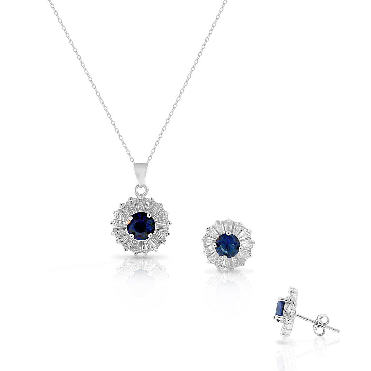 925 Sterling Silver Baguette-Cut White Blue Sapphire-Tone CZ Round Stud Earrings Pendant Necklace Set