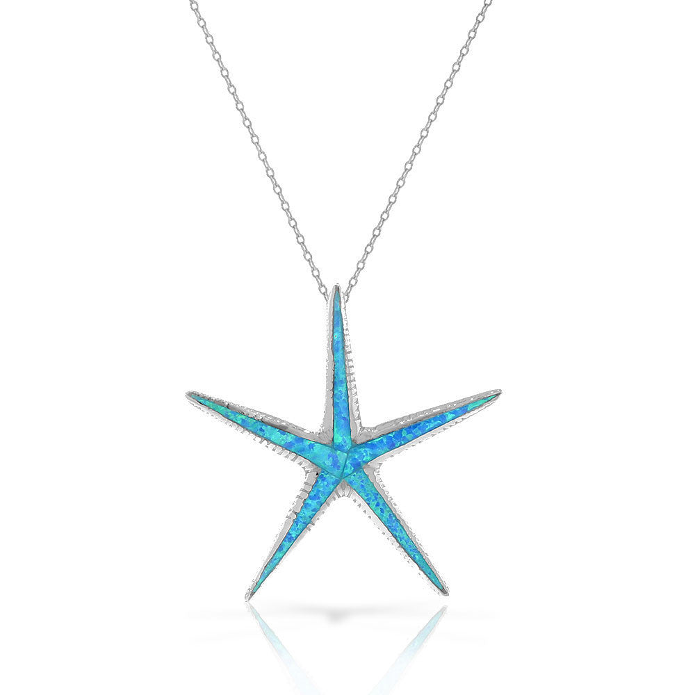 925 Sterling Silver Blue Turquoise-Tone Simulated Opal Large Statement Starfish Pendant Necklace