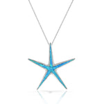 925 Sterling Silver Blue Turquoise-Tone Simulated Opal Large Statement Starfish Pendant Necklace