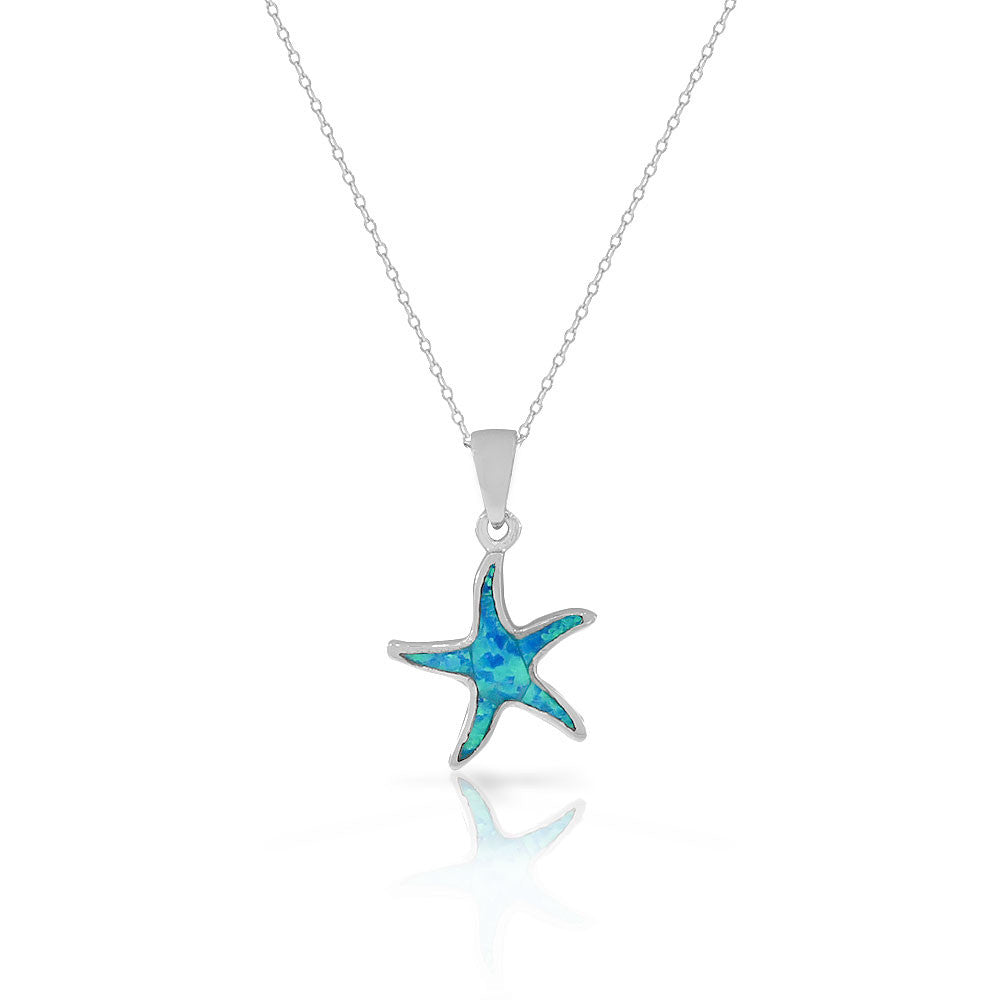925 Sterling Silver Blue Turquoise-Tone Simulated Opal Starfish Pendant Necklace