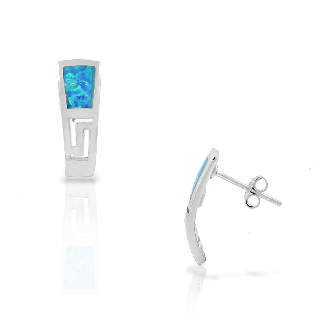 925 Sterling Silver Blue Turquoise-Tone Simulated Opal Curved Bar Greek Key Stud Earrings
