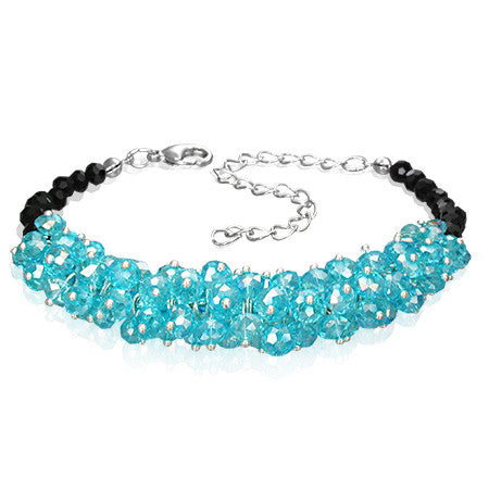 Stainless Steel Glass Pale Blue Black Beads Cluster Womens Bracelet