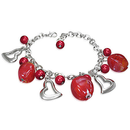 Fashion Alloy Glass Beads Hearts Charm Link Red Womens Bracelet
