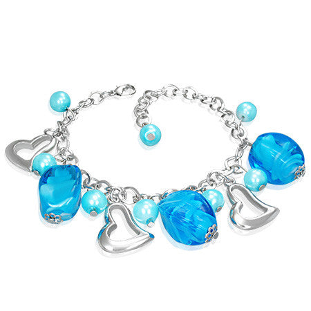 Fashion Alloy Glass Beads Hearts Charm Link Blue Womens Bracelet