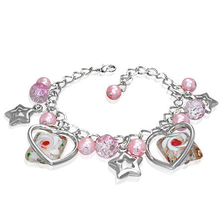 Fashion Alloy Pink Glass Beads Stars Hearts Flowers Womens Link Bracelet