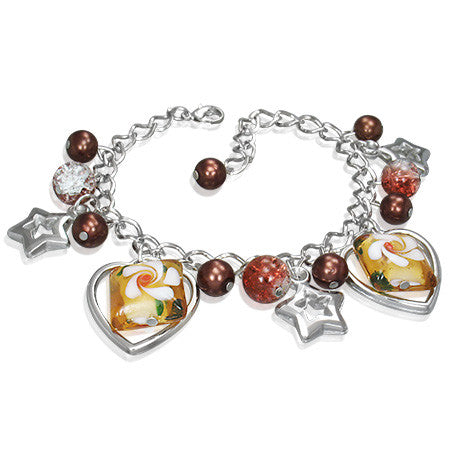 Fashion Alloy Brown Glass Beads Stars Hearts Flowers Womens Link Bracelet