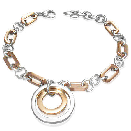 Stainless Steel Two-Tone Oval Interlocking Circles Charm Link Womens Bracelet