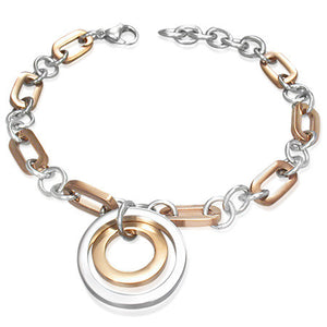 Stainless Steel Two-Tone Oval Interlocking Circles Charm Link Womens Bracelet