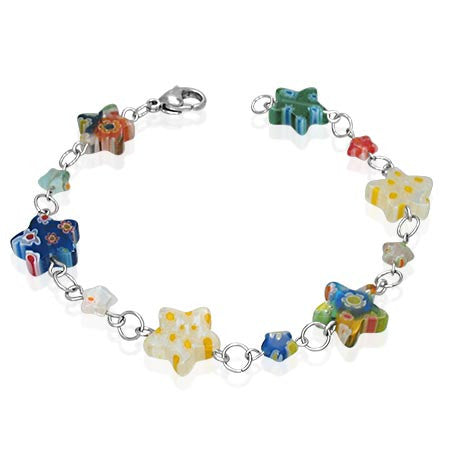 Stainless Steel Multicolor Glass Flower Star Link Womens Bracelet