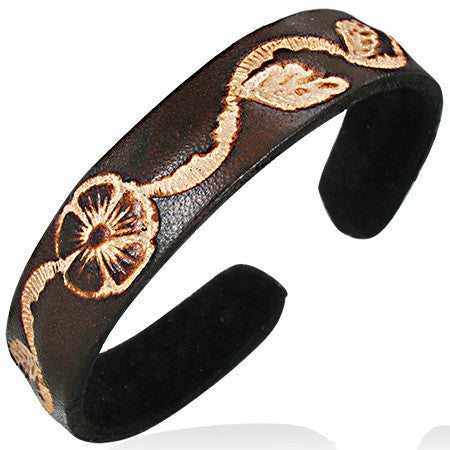 Brown Leather Engraved Flower Cuff Bangle Womens Bracelet