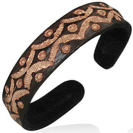 Brown Leather Engraved Cuff Bangle Womens Bracelet