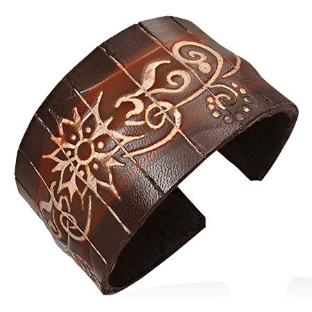 Brown Leather Engraved Flower Vine Swirl Cuff Bangle Womens Bracelet