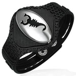 Black Rubber Silicone Snap Bracelet Stainless Steel Scorpion Zodiac Mens Bracelet