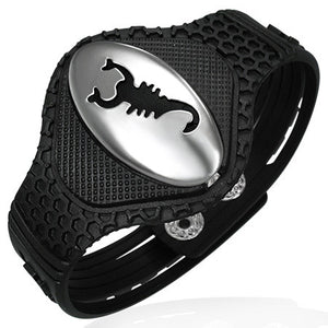 Black Rubber Silicone Snap Bracelet Stainless Steel Scorpion Zodiac Mens Bracelet