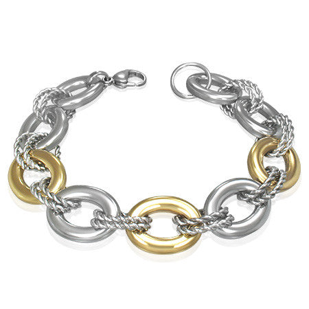 Stainless Steel Two-Tone Twisted Circle Oval Link Womens Bracelet