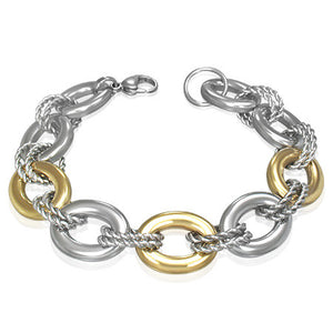 Stainless Steel Two-Tone Twisted Circle Oval Link Womens Bracelet