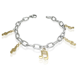 Stainless Steel Two-Tone Musical Clef Notes Charm Womens Bracelet