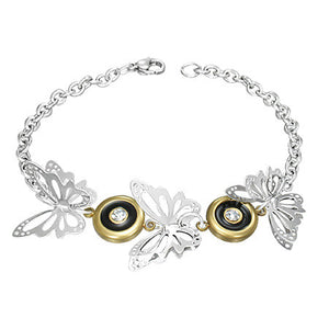 Stainless Steel Three Tone 3D Butterfly Circle Disc Link CZ Womens Bracelet