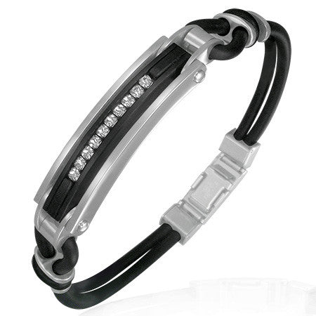 Stainless Steel Black Rubber Silicone Two-Tone Mens Bracelet with CZ