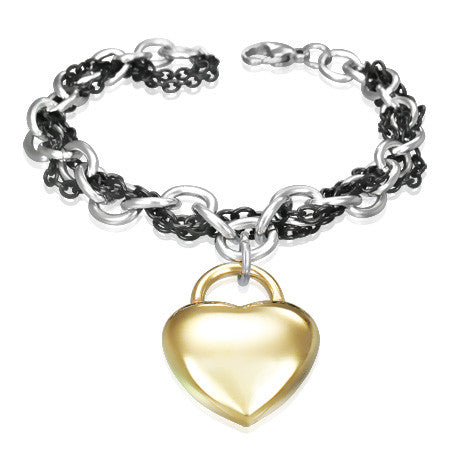 Stainless Steel Three Tone Love Heart Charm Link Chain Womens Bracelet