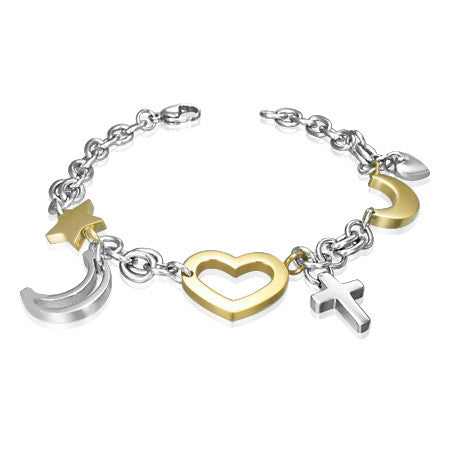 Stainless Steel Two-Tone Star Half-Moon Cross Heart Charm Womens Bracelet
