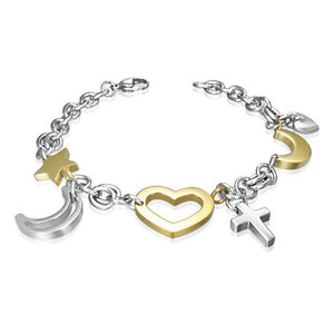 Stainless Steel Two-Tone Star Half-Moon Cross Heart Charm Womens Bracelet