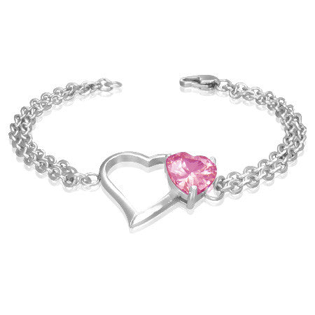 Stainless Steel Love Heart Double Strand Womens Bracelet with Pink Gem Stone