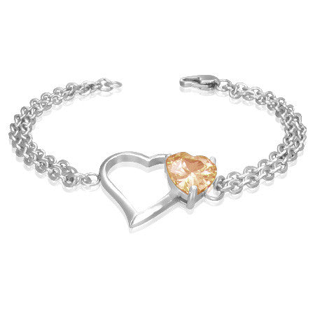 Stainless Steel Love Heart Double Strand Womens Bracelet with Orange Gem Stone
