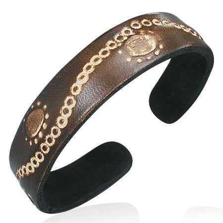 Brown Leather Engraved Sun Emblem Sirena Cuff Bangle Womens Bracelet