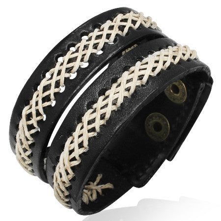 Double Wrap Rope Black Leather Alloy Snap Wristband Unisex Bracelet