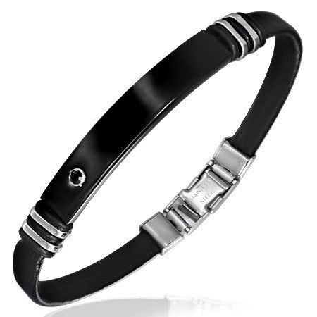 Stainless Steel and Black Rubber Silicone Two-Tone Black CZ Mens Bracelet