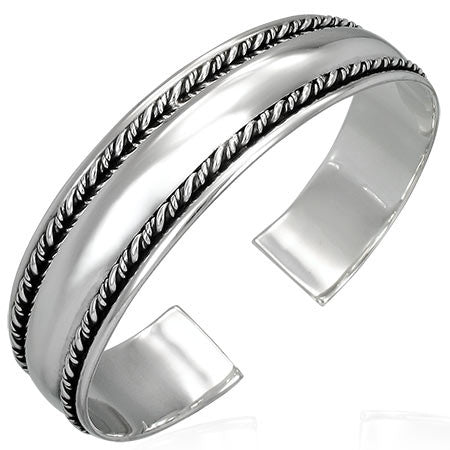 925 Sterling Silver Double Twisted Edge Womens Cuff Bangle Bracelet