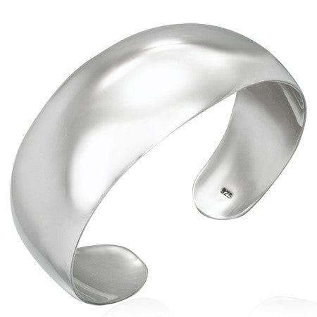 925 Sterling Silver Wide Convex Womens Cuff Bangle Bracelet