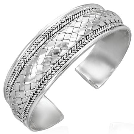925 Sterling Silver Braided Grid Twisted Design Womens Cuff Bangle Bracelet