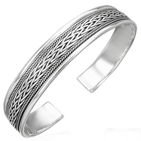 925 Sterling Silver Half Wheat Twisted Design Womens Cuff Bangle Bracelet