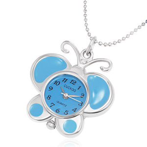 Fashion Alloy Sky Blue Enameled Butterfly Charm Pocket Watch Necklace