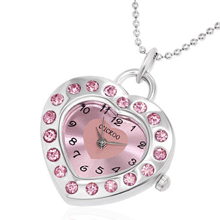 Fashion Alloy Love Heart Charm Pocket Watch Necklace with CZ