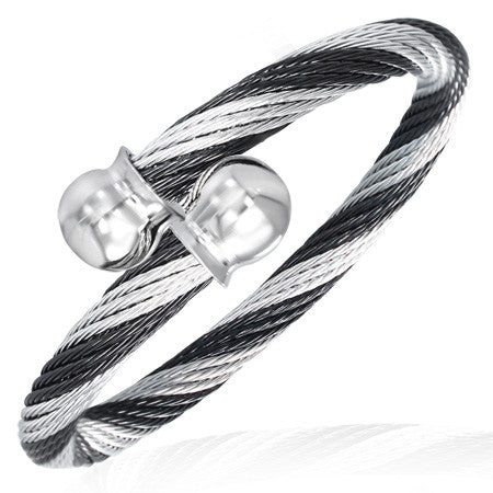Stainless Steel Black and White Twisted Cable Wire Womens Cuff Bangle Bracelet