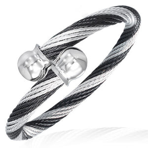 Stainless Steel Black and White Twisted Cable Wire Womens Cuff Bangle Bracelet
