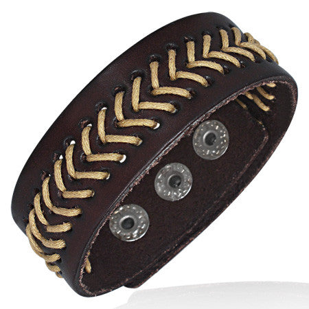 Brown Leather Alloy Weave Rope Snap Wristband Unisex Bracelet