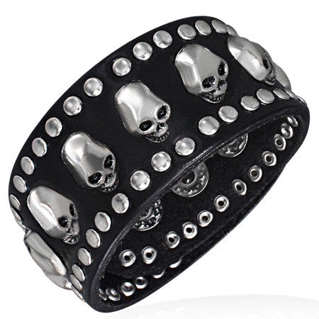 Black Leather Alloy Row of Skull Face Round Stud Snap Wristband Unisex Bracelet