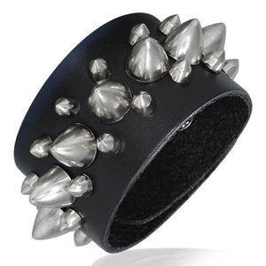 Black Leather Alloy Row of Cone Spikes Stud Snap Wristband Unisex Bracelet