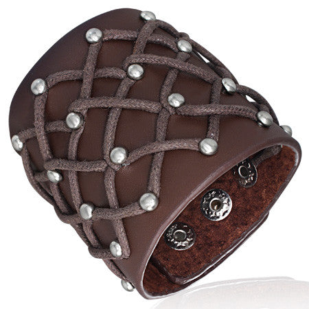 Brown Leather Alloy Cross Round Stud Snap Wristband Unisex Bracelet