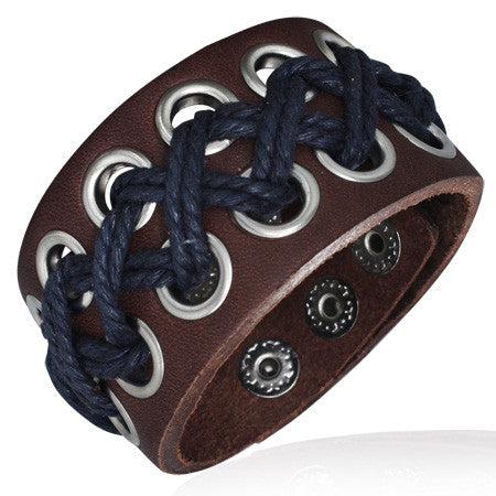 Brown Leather Alloy Weave Black Cross Rope Snap Wristband Unisex Bracelet