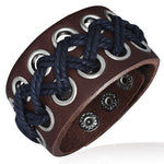 Brown Leather Alloy Weave Black Cross Rope Snap Wristband Unisex Bracelet