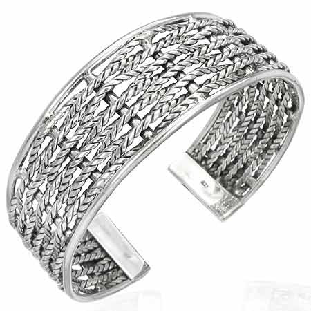 925 Sterling Silver Wide Half Wheat Design Cuff Womens Bangle Bracelet