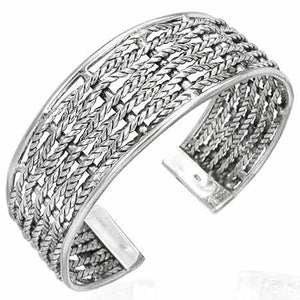 925 Sterling Silver Wide Half Wheat Design Cuff Womens Bangle Bracelet