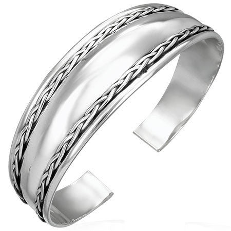925 Sterling Silver Solid Rope Design Cuff Womens Bangle Bracelet